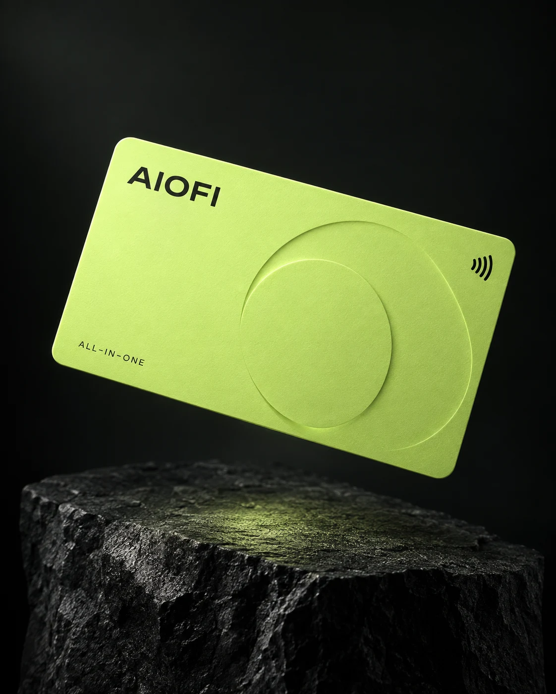 A lime AIOFI card floating above a charcoal stone plinth
